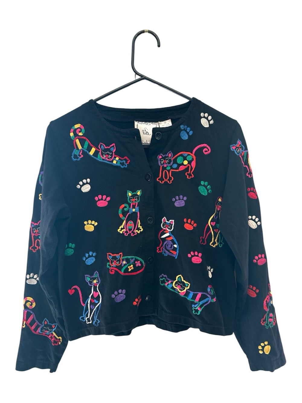 Vintage 90’s Michael Simon Black Cardigan with Multicolor Embroidered Cats Small